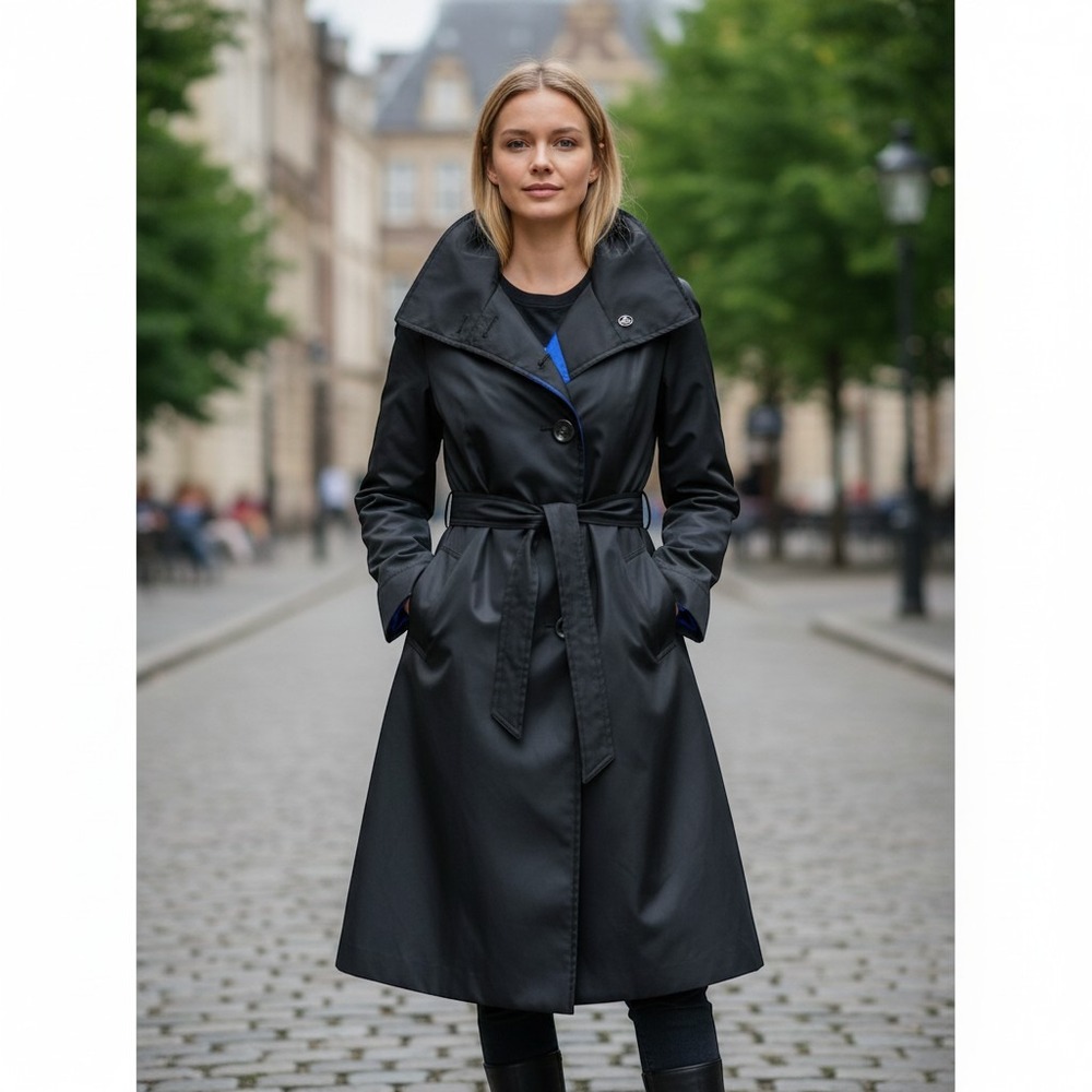 Mossimo Black Trench Coat Blue Lining Oversized Collar Belted Jacket Size 1